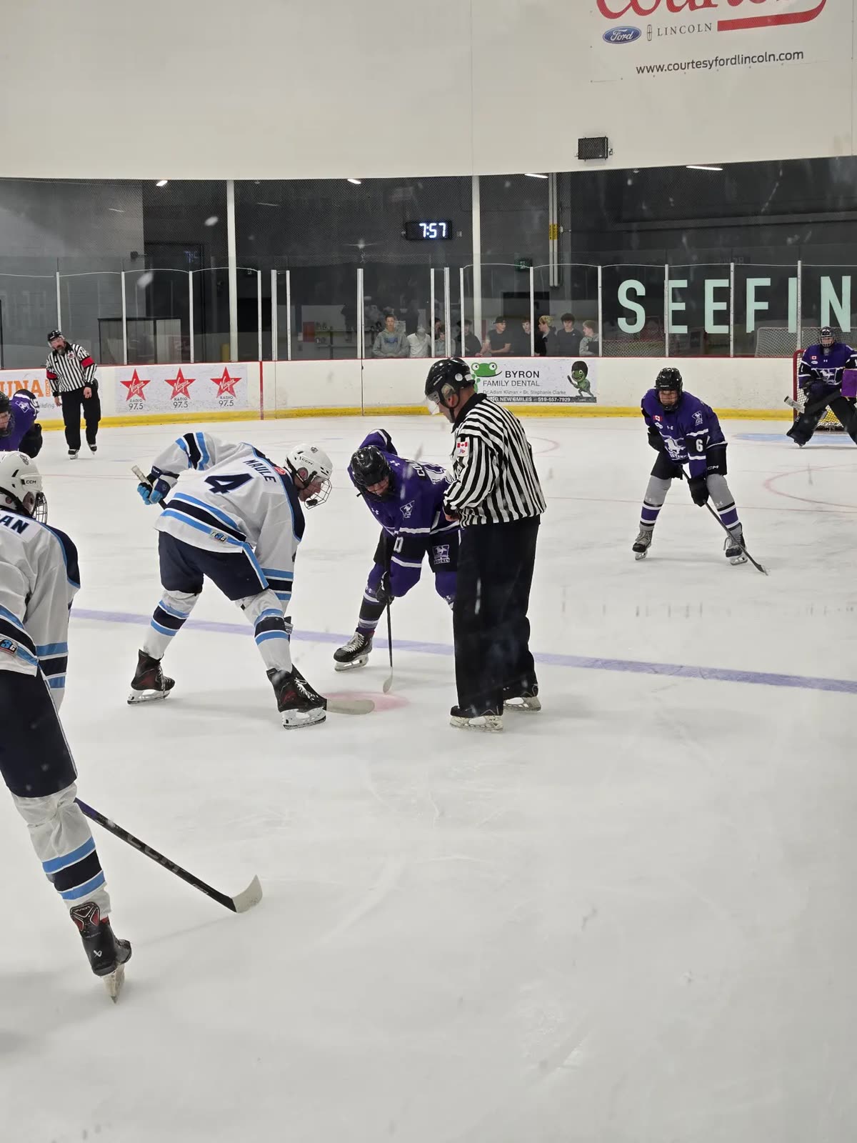 Jr. Mustangs Hockey players competing at the faceoff