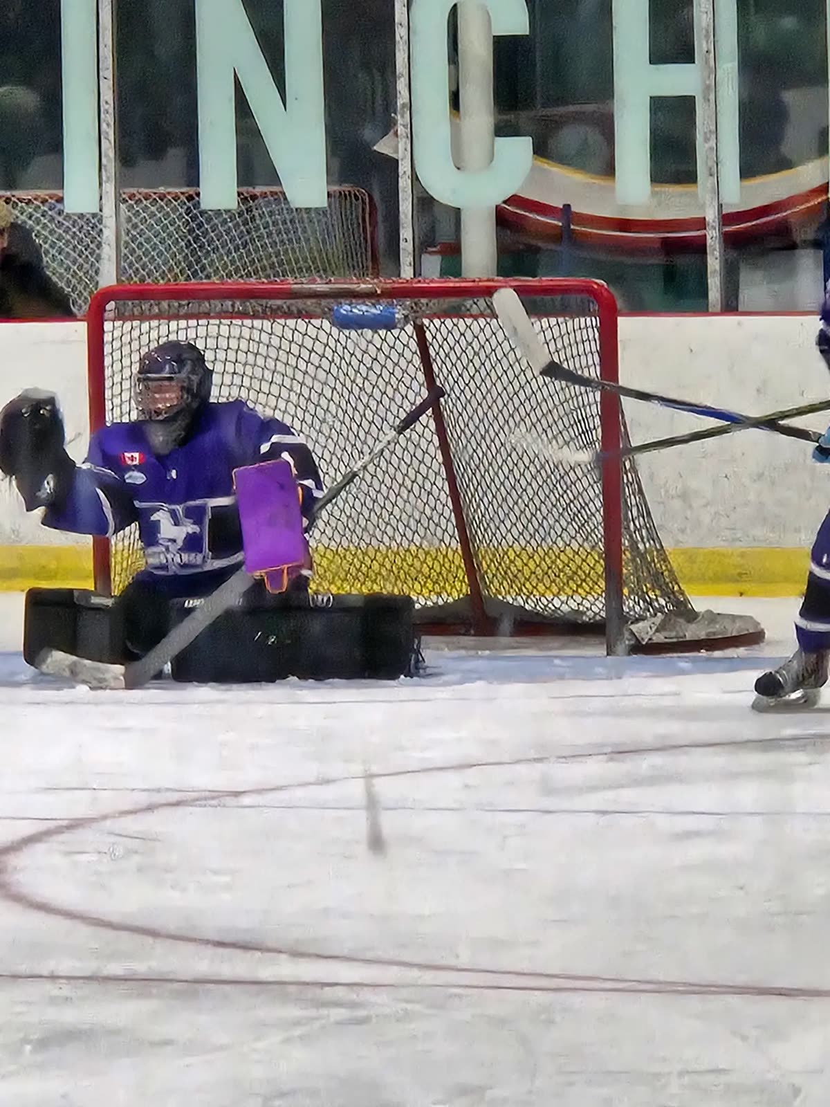 Jr. Mustangs Hockey goalie making a save
