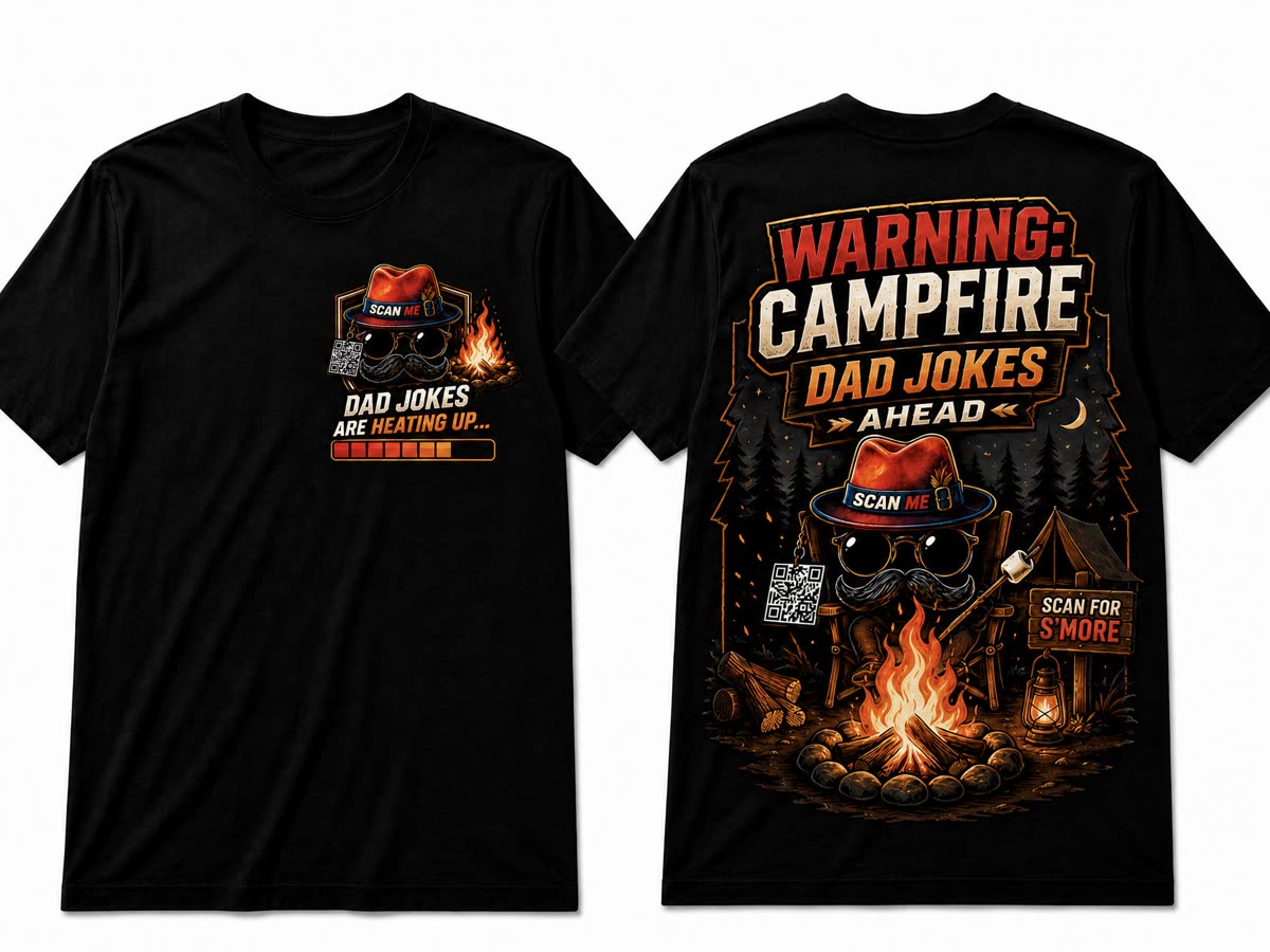 Dad Joke Alert campfire T-shirt, front and back
