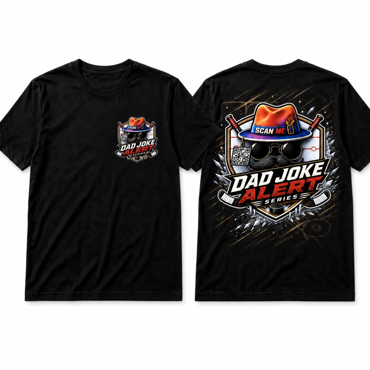 Dad Joke Alert hockey T-shirt, front and back