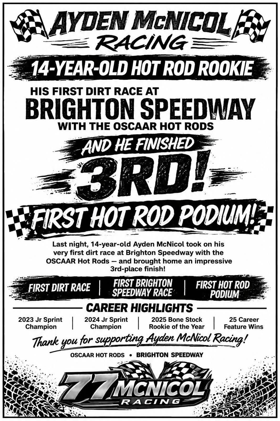 Ayden McNicol Racing announcement celebrating third place at Brighton Speedway