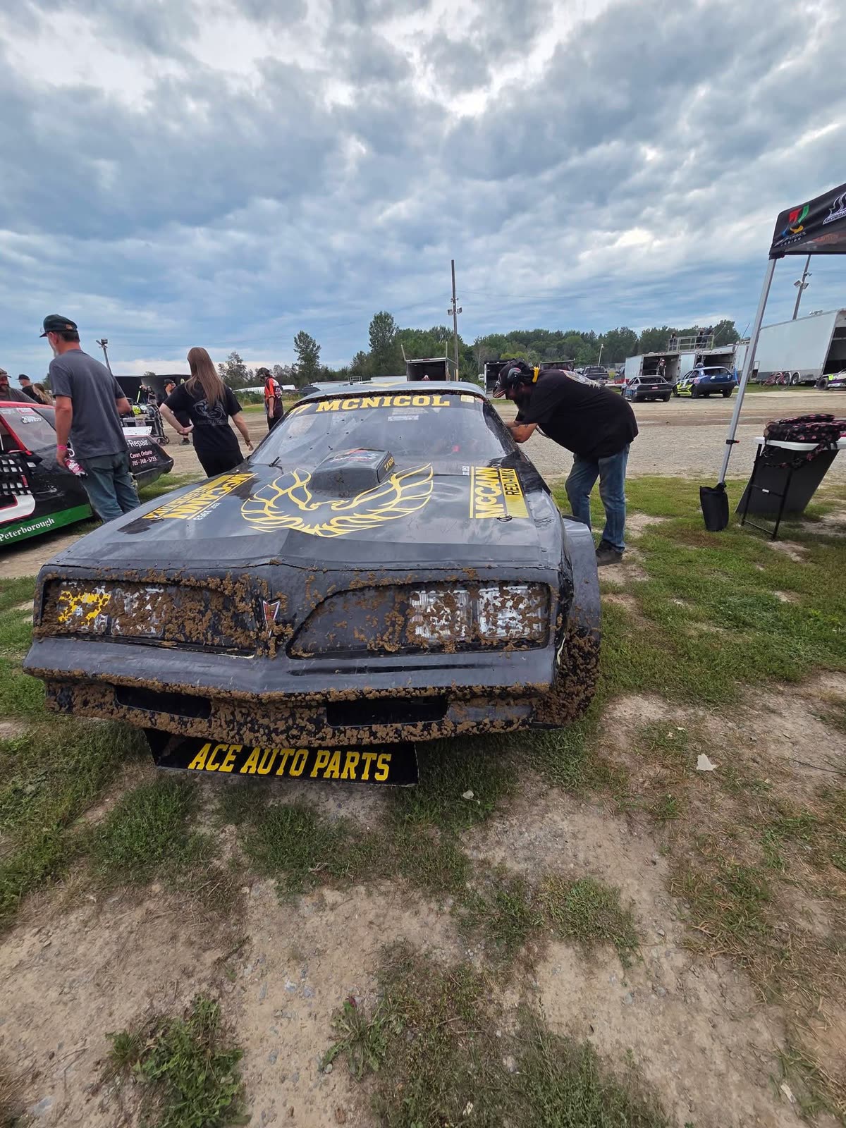 The mud-splashed front of the #77 Hot Rod